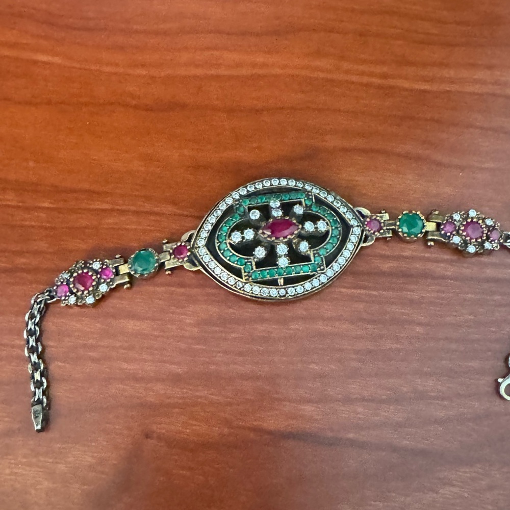 Pink and Green Ornate Bracelet with Intricate Design